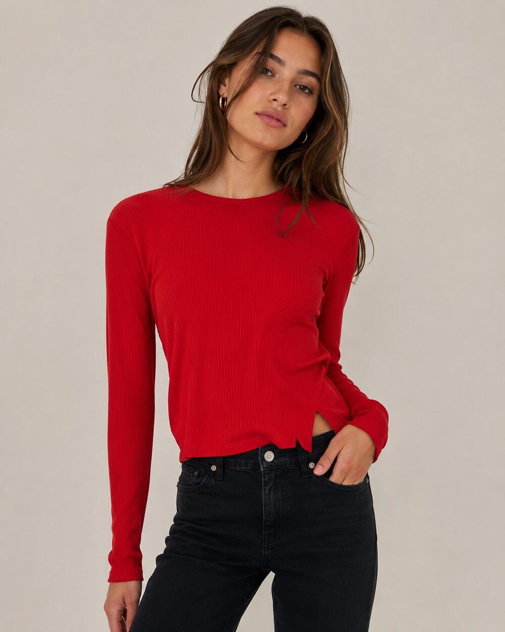Helmut Lang Red Ribbed Knot Long Sleeve Slightly Cropped Sweater Womens S Casual